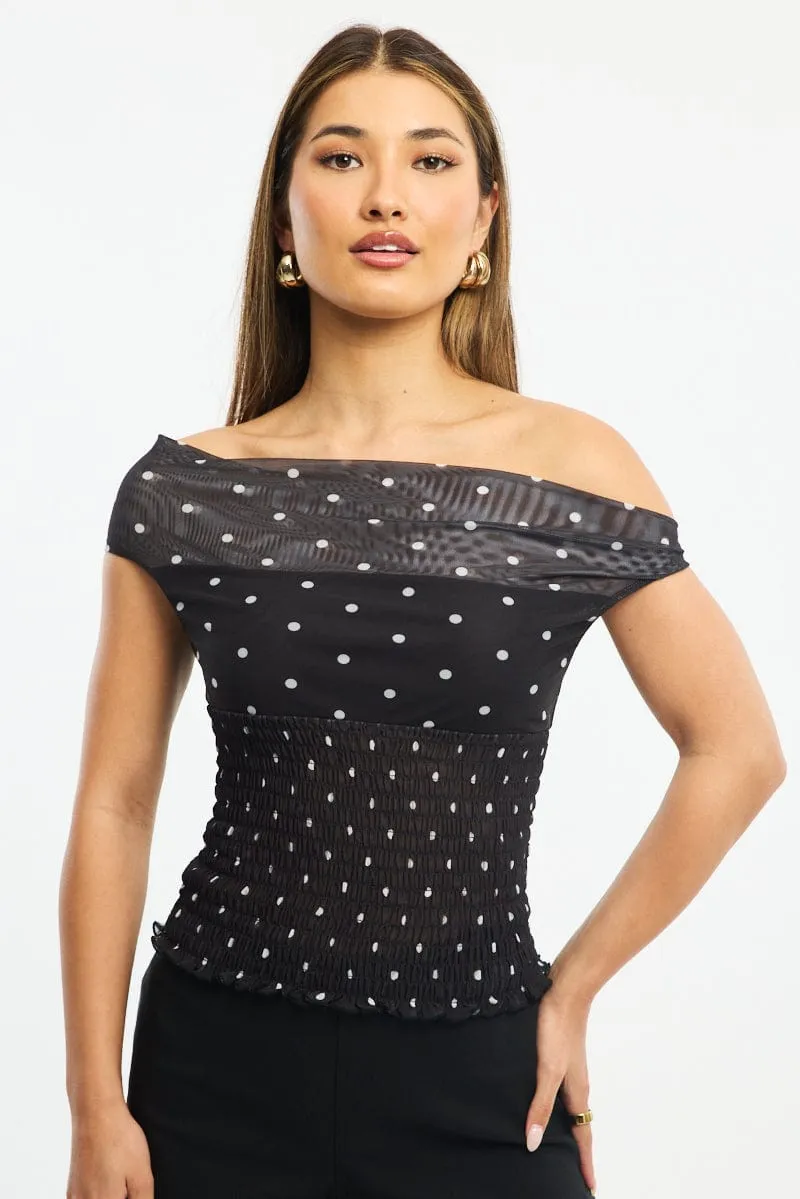 Black Polka Dot One Shoulder Polka Dot Mesh Top sold by Ally Fashion product image thumbnail 2