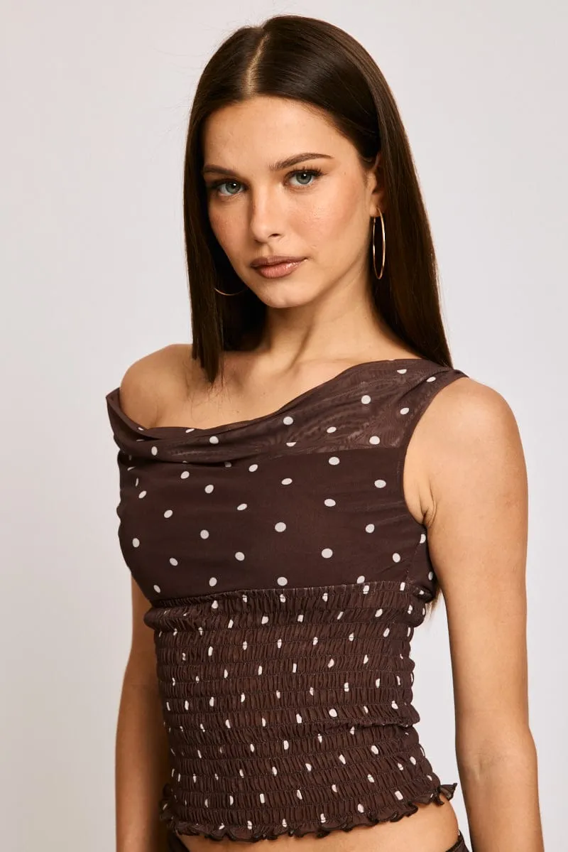 Brown Polka Dot One Shoulder Polka Dot Mesh Top sold by Ally Fashion