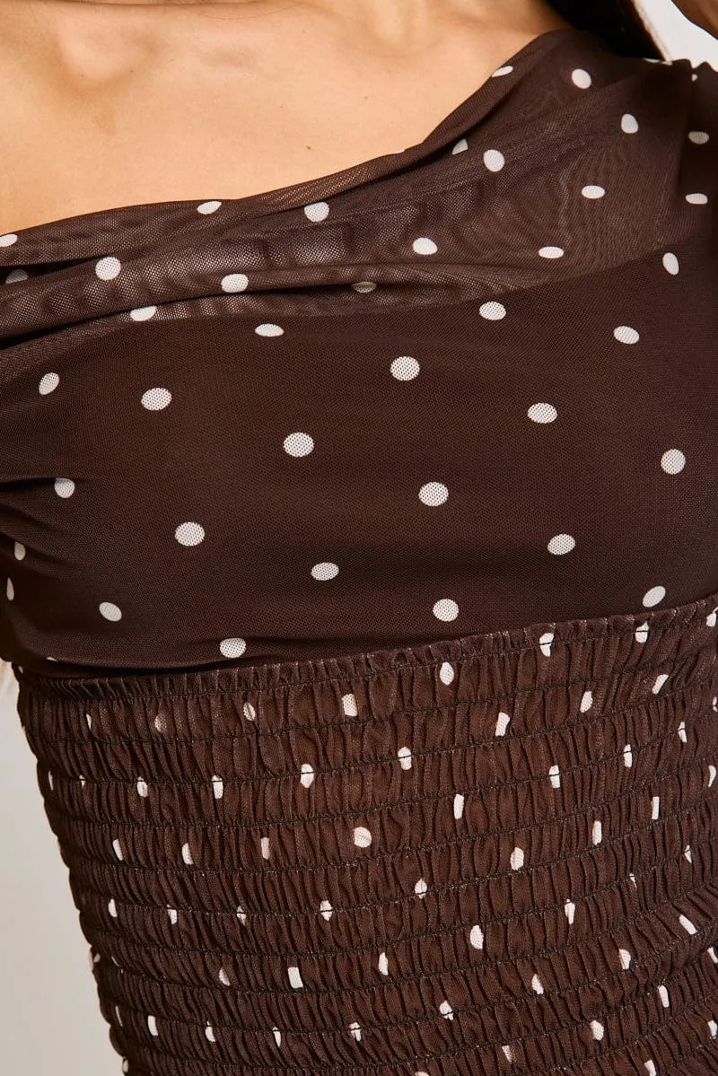 Brown Polka Dot One Shoulder Polka Dot Mesh Top sold by Ally Fashion product image thumbnail 5