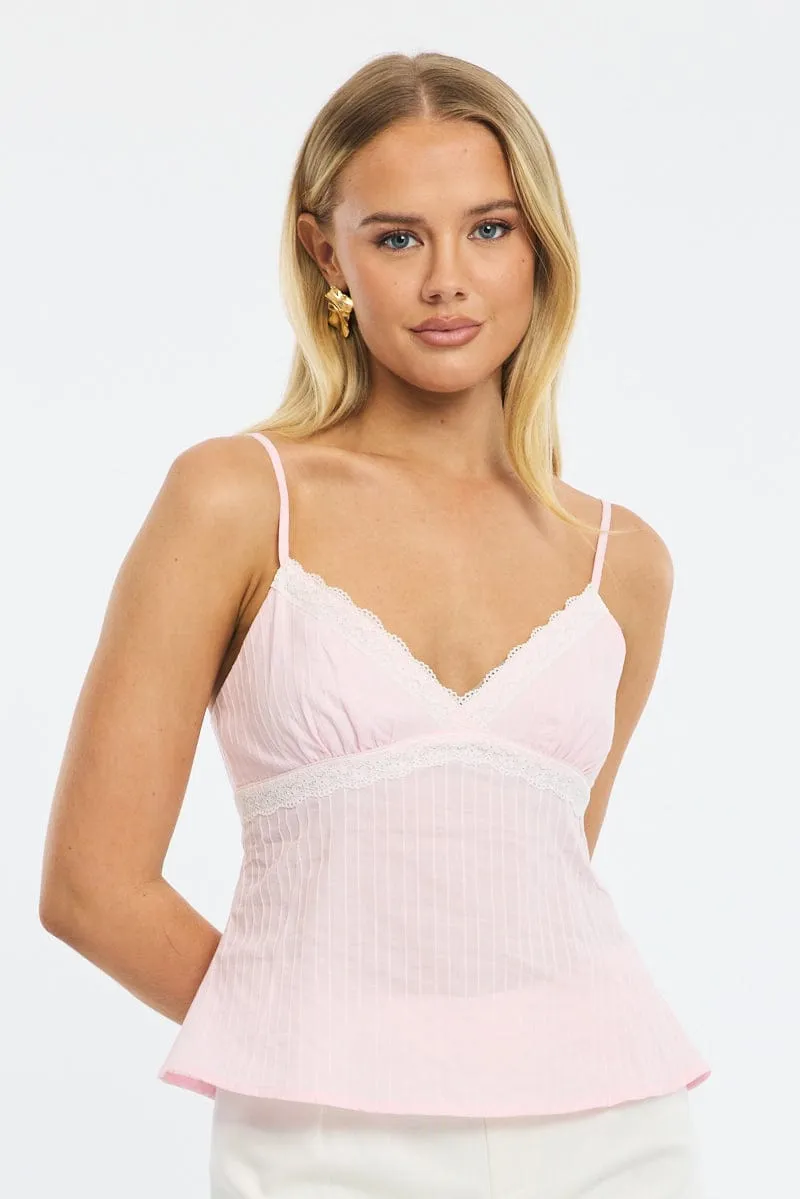 Pink Cami Sleeveless V-neck Lace Detail Cotton sold by Ally Fashion