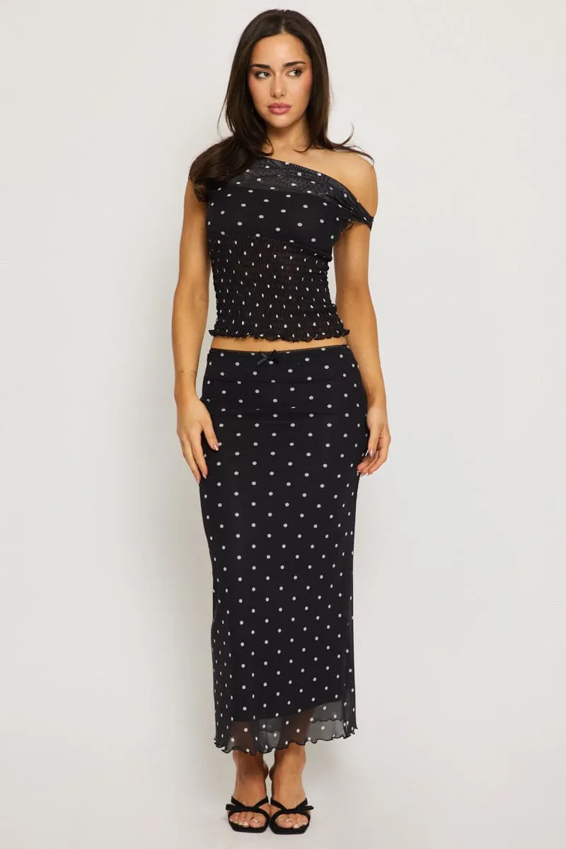 Black Polka Dot Mesh Skirt Elasticated Picot Trim Midaxi sold by Ally Fashion