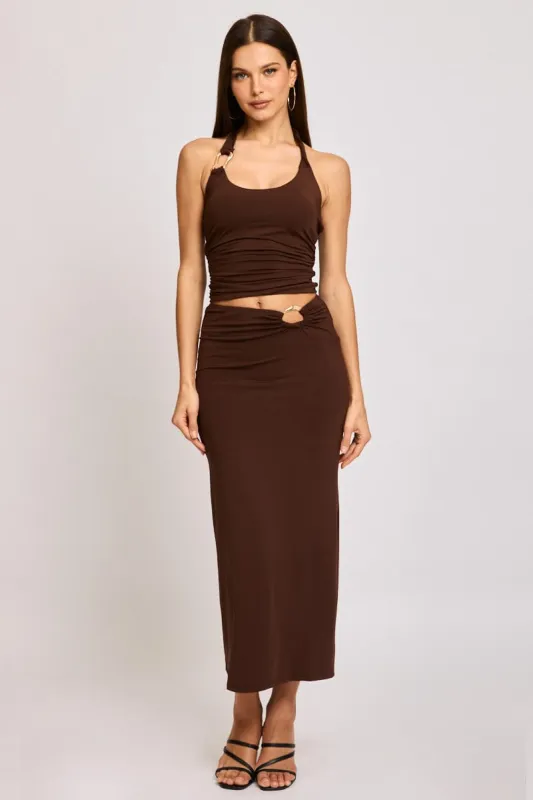 Brown Hardware Buckle Maxi Skirt Elastic Waist Lined sold by Ally Fashion