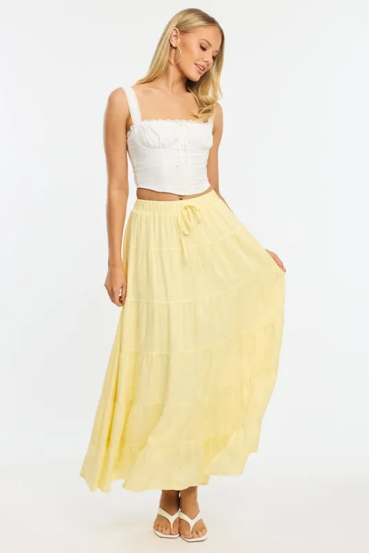 Yellow Maxi Skirt Tiered High Rise Linen Blend sold by Ally Fashion