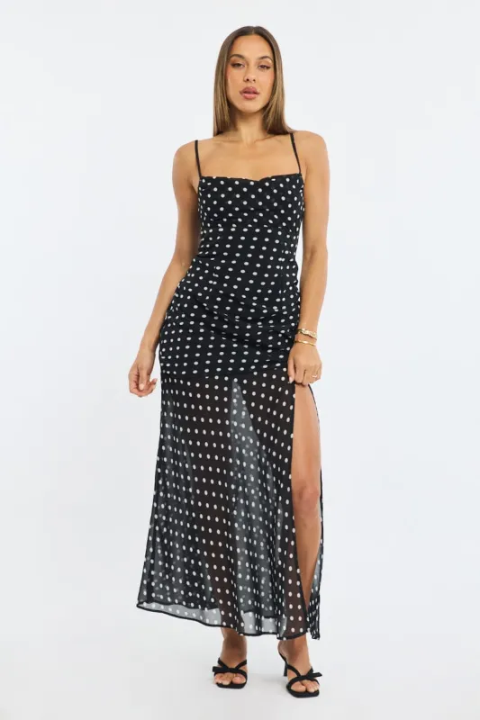 Black Polka Dot Maxi Dress Strappy sold by Ally Fashion