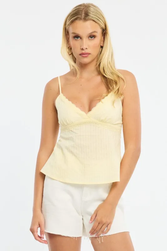 Yellow Cami Sleeveless V-neck Lace Detail Cotton sold by Ally Fashion