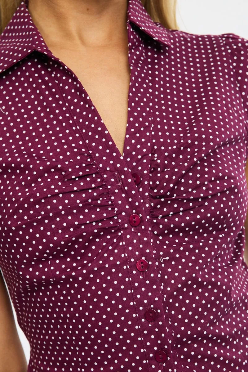 Red Polka Dot Button Up Shirt Short Sleeve Collared Tie Back sold by Ally Fashion product image thumbnail 5