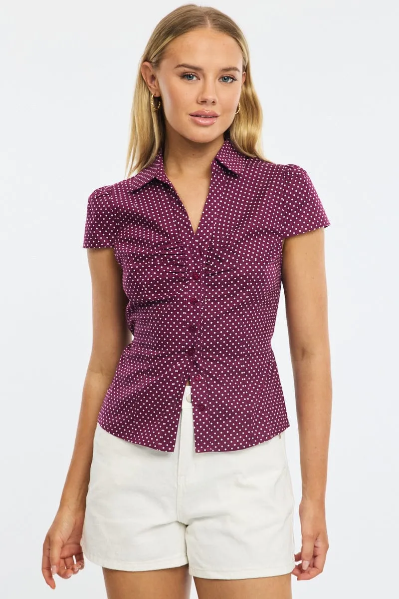 Red Polka Dot Button Up Shirt Short Sleeve Collared Tie Back sold by Ally Fashion