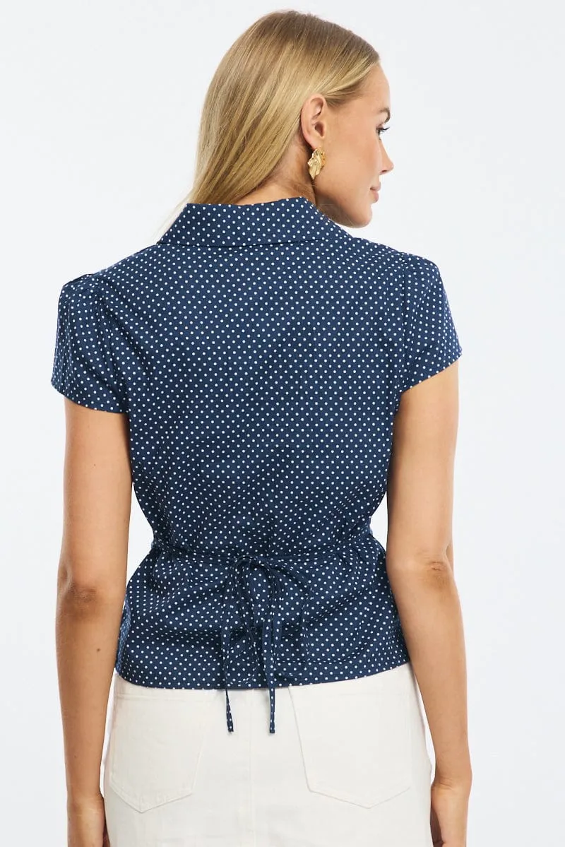 Blue Polka Dot Button Up Shirt Short Sleeve Collared Tie Back sold by Ally Fashion product image thumbnail 4