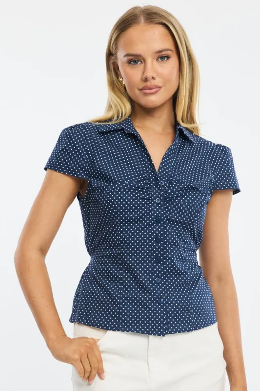 Blue Polka Dot Button Up Shirt Short Sleeve Collared Tie Back sold by Ally Fashion