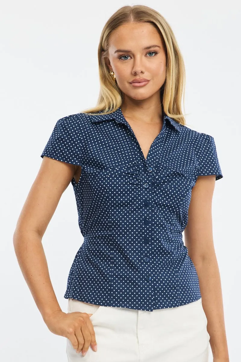 Blue Polka Dot Button Up Shirt Short Sleeve Collared Tie Back sold by Ally Fashion