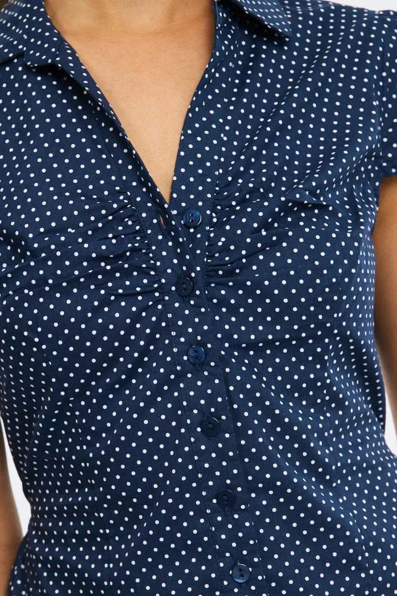 Blue Polka Dot Button Up Shirt Short Sleeve Collared Tie Back sold by Ally Fashion product image thumbnail 5