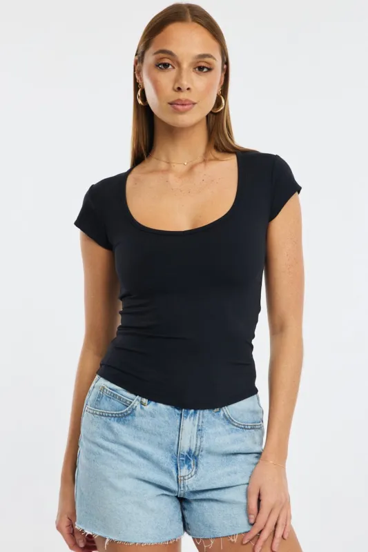 Black T-shirt Cap Sleeve Sweetheart Neck sold by Ally Fashion