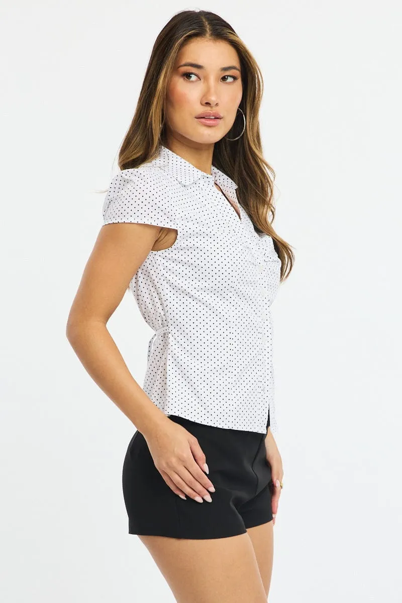 White Polka Dot Button Up Shirt Short Sleeve Collared Tie Back sold by Ally Fashion product image thumbnail 3