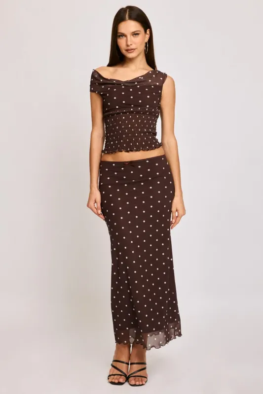 Brown Polka Dot Mesh Skirt Elasticated Picot Trim Midaxi sold by Ally Fashion