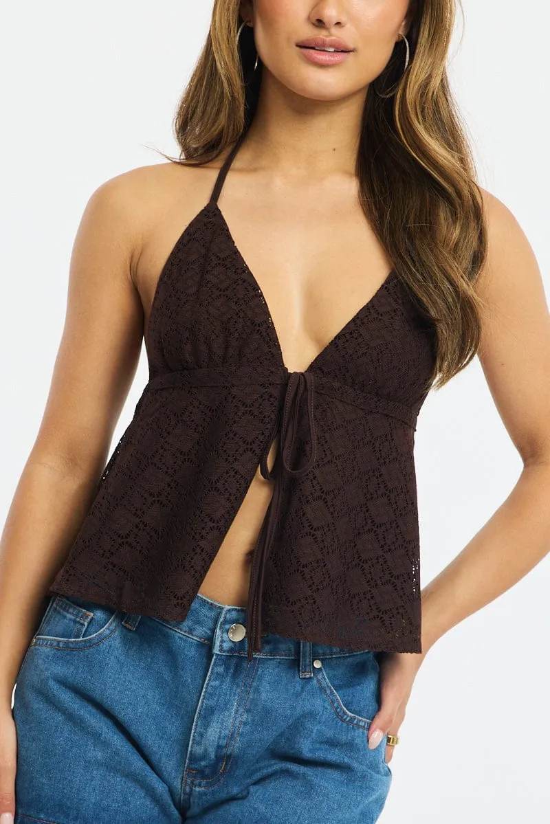 Brown Open Crochet Top Sleeveless Halter Neck sold by Ally Fashion product image thumbnail 5