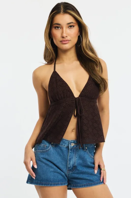 Brown Open Crochet Top Sleeveless Halter Neck sold by Ally Fashion