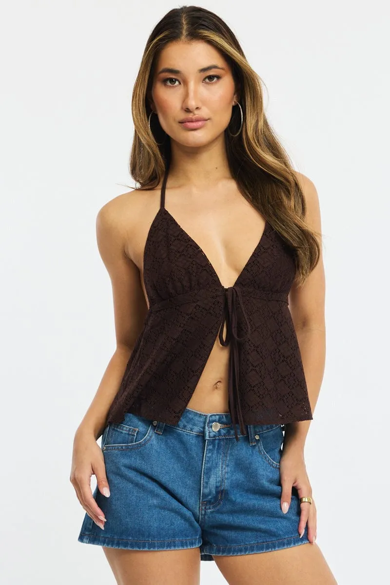 Brown Open Crochet Top Sleeveless Halter Neck sold by Ally Fashion