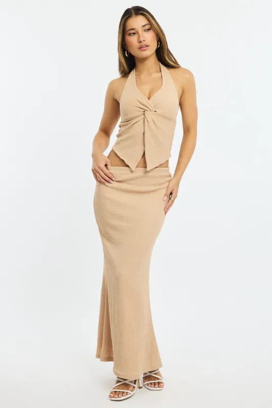 Beige Maxi Skirt Elasticated Waist Textured Half Lined sold by Ally Fashion