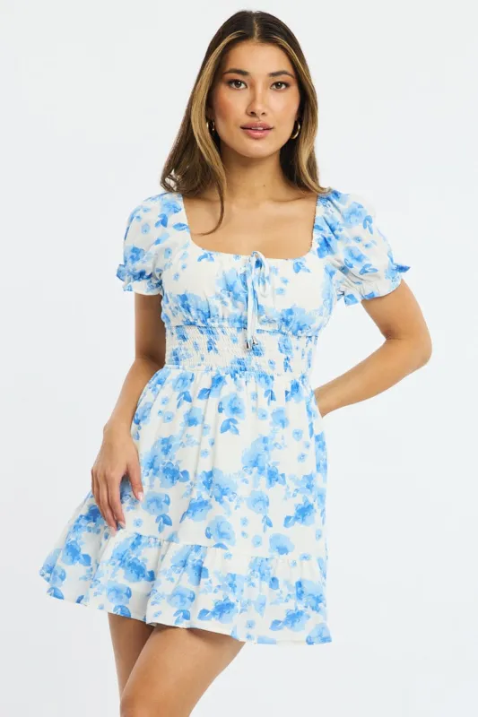 White Floral Fit And Flare Dress Puff Sleeve sold by Ally Fashion