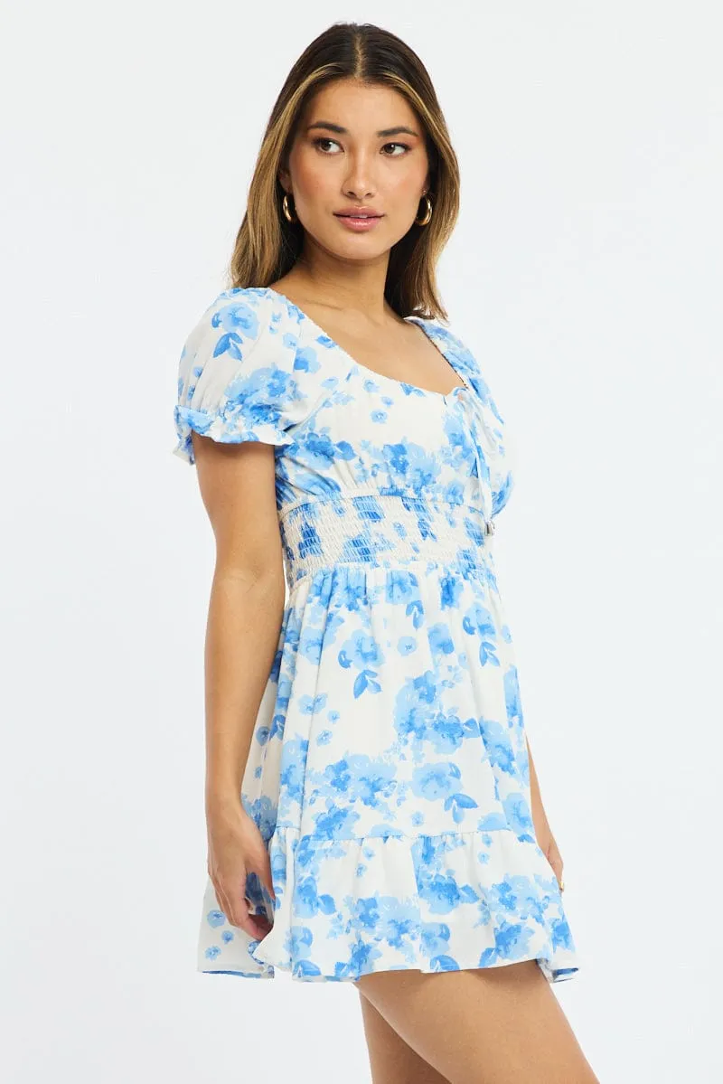 White Floral Fit And Flare Dress Puff Sleeve sold by Ally Fashion product image thumbnail 3