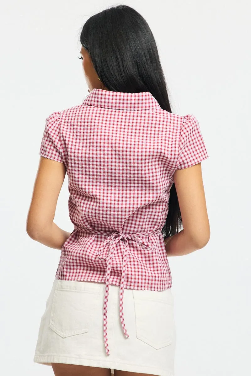 Red Check Button Up Shirt Short Sleeve Collared Tie Back sold by Ally Fashion product image thumbnail 4