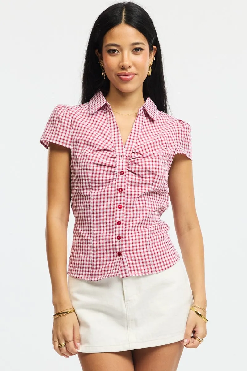 Red Check Button Up Shirt Short Sleeve Collared Tie Back sold by Ally Fashion