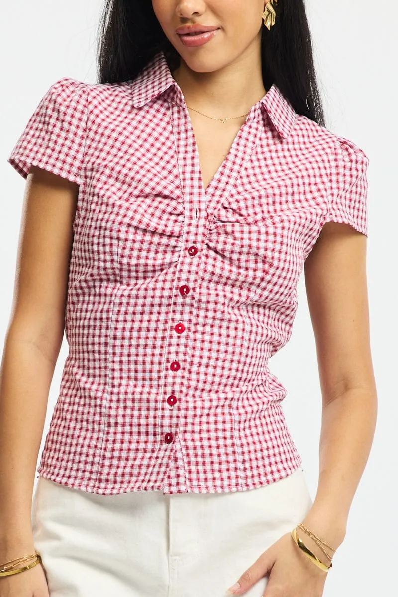 Red Check Button Up Shirt Short Sleeve Collared Tie Back sold by Ally Fashion product image thumbnail 5