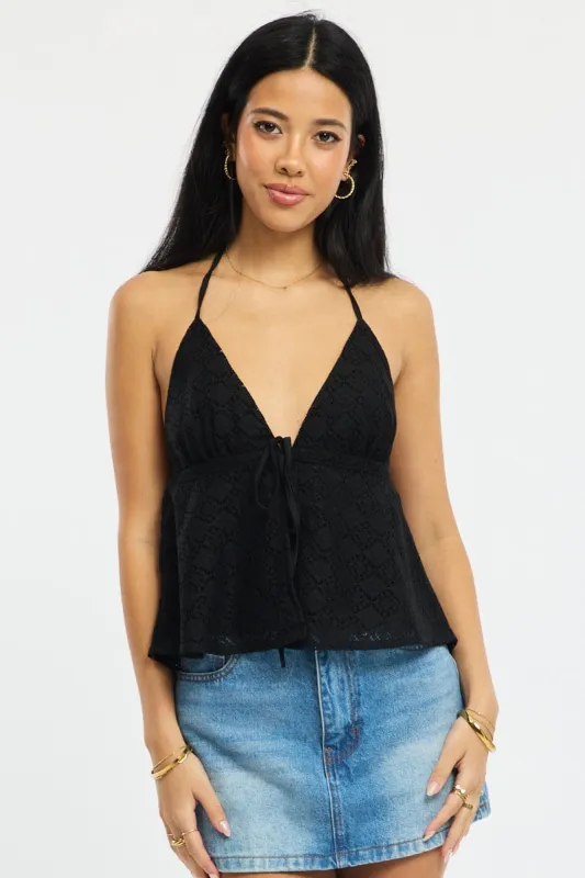 Black Open Crochet Top Sleeveless Halter Neck sold by Ally Fashion
