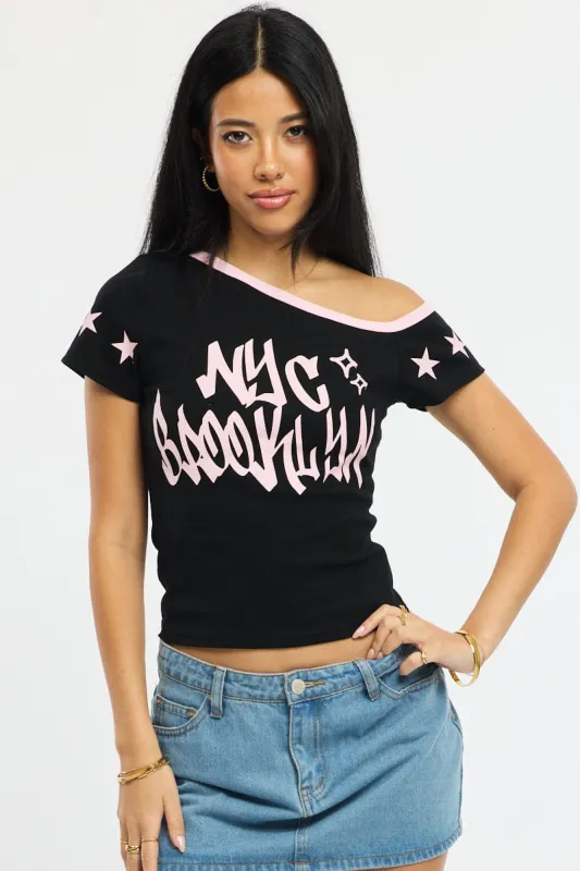 Black One Shoulder Graphic Tee sold by Ally Fashion