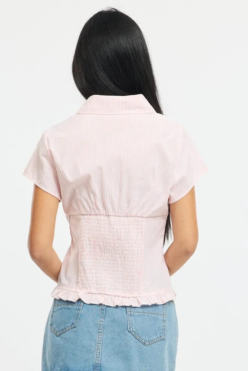 Pink Stripe Button Up Shirt Short Sleeve Collared Ruffled Hem sold by Ally Fashion product image thumbnail 4