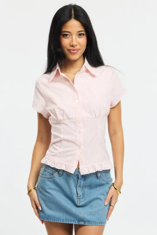 Pink Stripe Button Up Shirt Short Sleeve Collared Ruffled Hem sold by Ally Fashion
