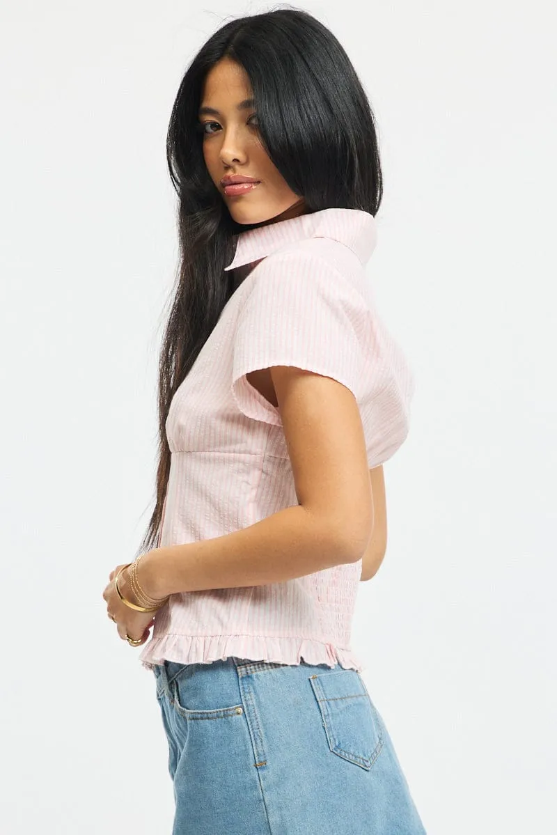 Pink Stripe Button Up Shirt Short Sleeve Collared Ruffled Hem sold by Ally Fashion product image thumbnail 3