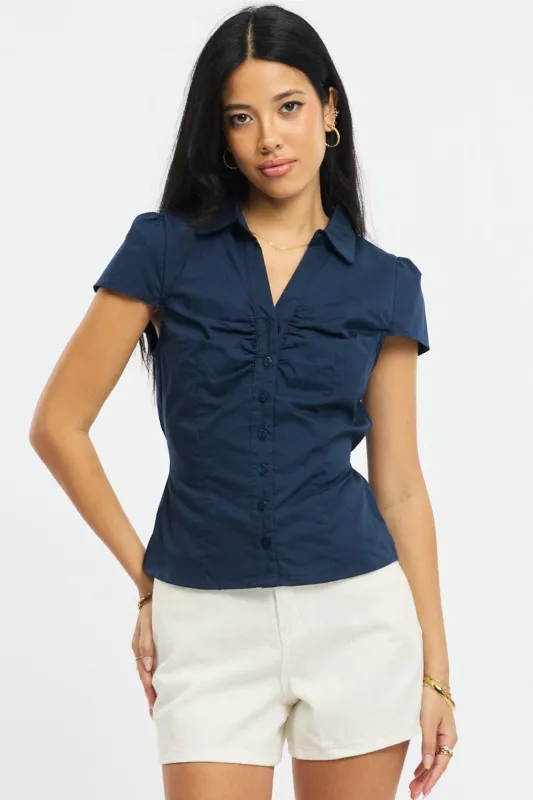 Blue Button Up Shirt Short Sleeve Collared Tie Back sold by Ally Fashion