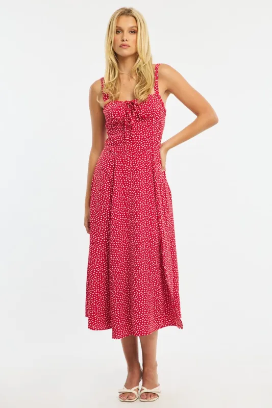 Red Ditsy Midi Dress Ruched Bust sold by Ally Fashion
