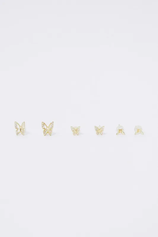 Gold 3 Pack Butterfly Earrings Set sold by Ally Fashion