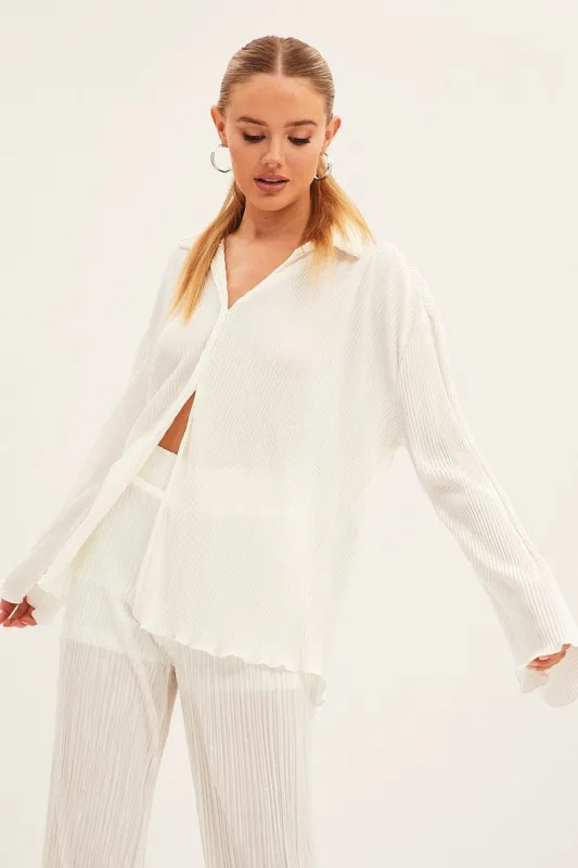 White Plisse Shirt Long Sleeve sold by Ally Fashion