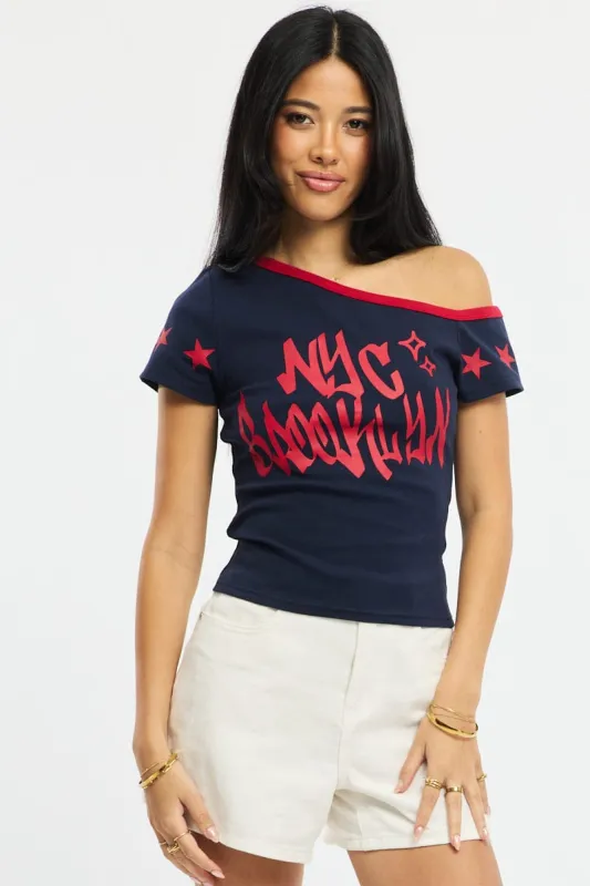 Blue One Shoulder Graphic Tee sold by Ally Fashion