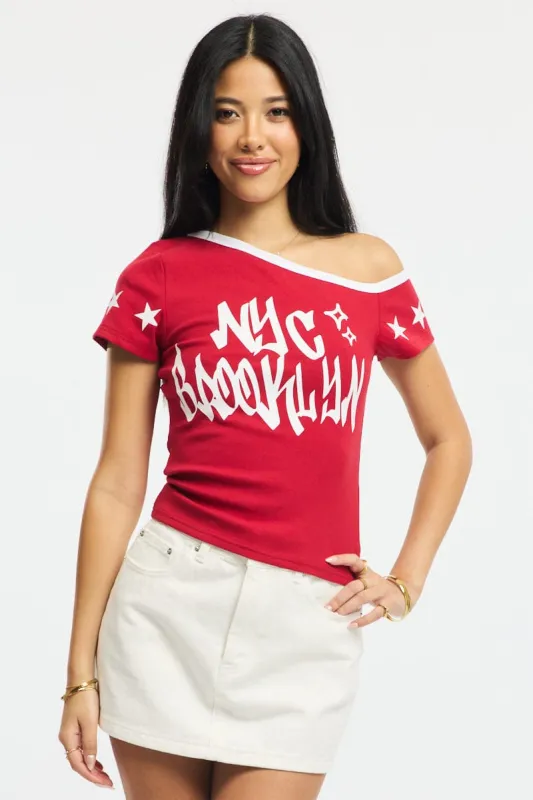 Red One Shoulder Graphic Tee sold by Ally Fashion