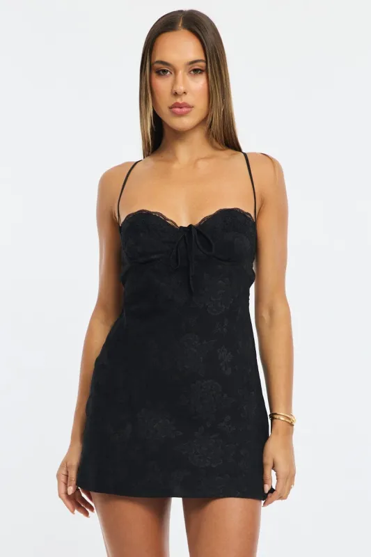 Black Mini Dress Tie Back Jacquard Fabric sold by Ally Fashion