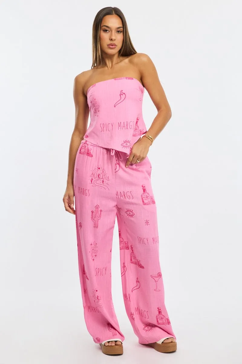Pink Abstract Wide Leg Pants Elasticated Waist sold by Ally Fashion
