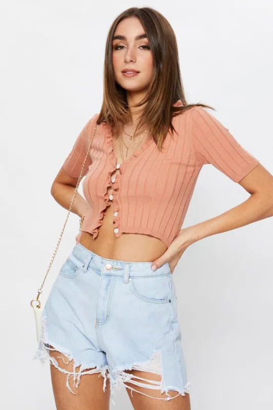 Brown Ruffle Detail Cardigan sold by Ally Fashion