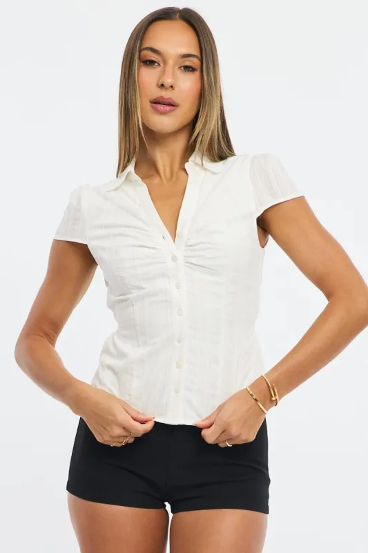 White Stripe Button Up Shirt Short Sleeve Collared Tie Back sold by Ally Fashion