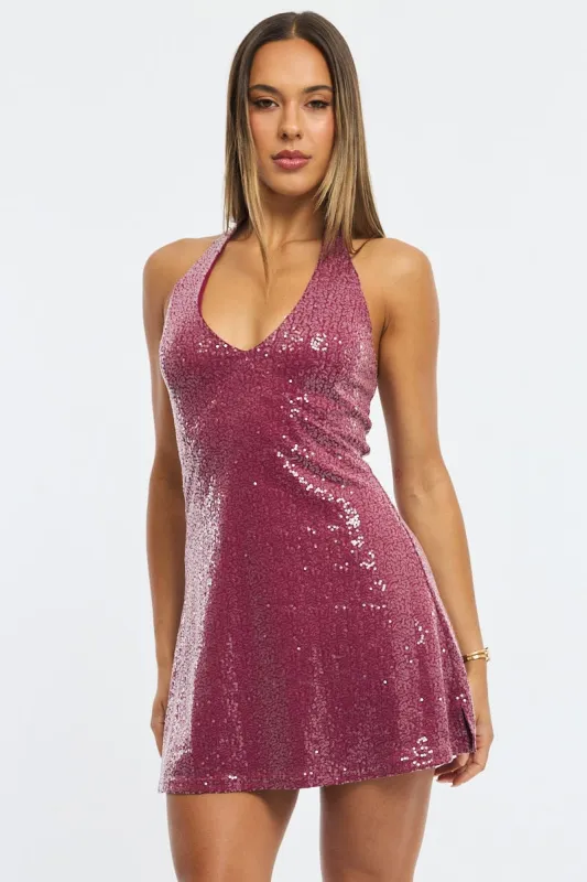 Red Mini Dress Halter Neck Sequin sold by Ally Fashion