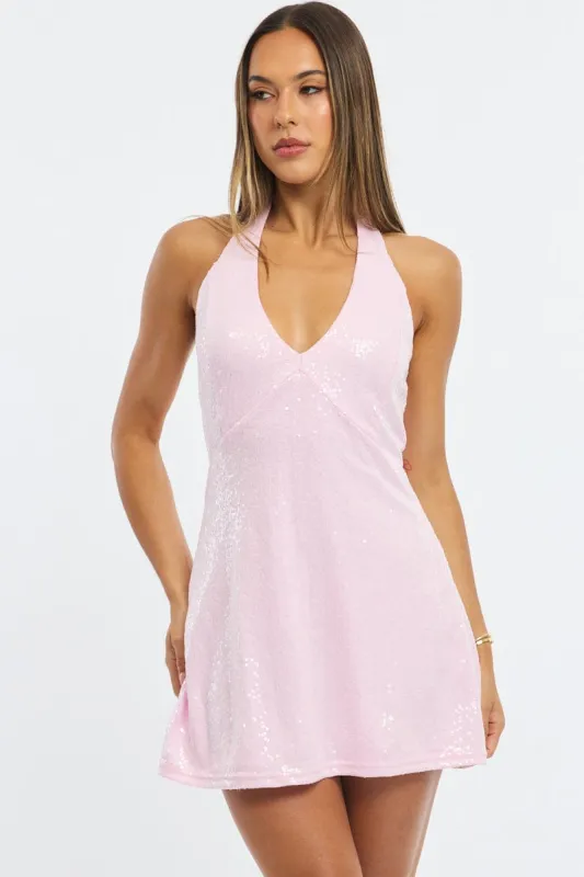 Pink Mini Dress Halter Neck Sequin sold by Ally Fashion