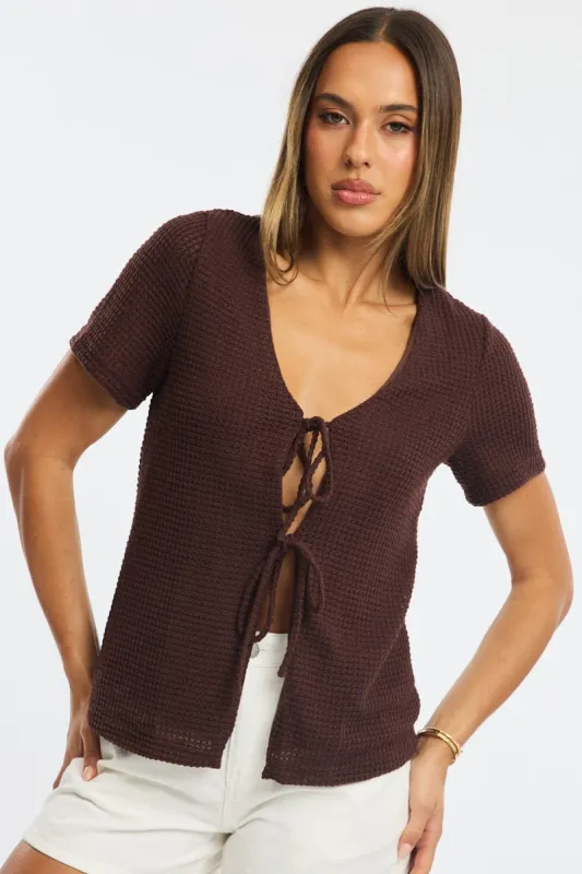 Brown Tie Up Top Textured Short Sleeve sold by Ally Fashion