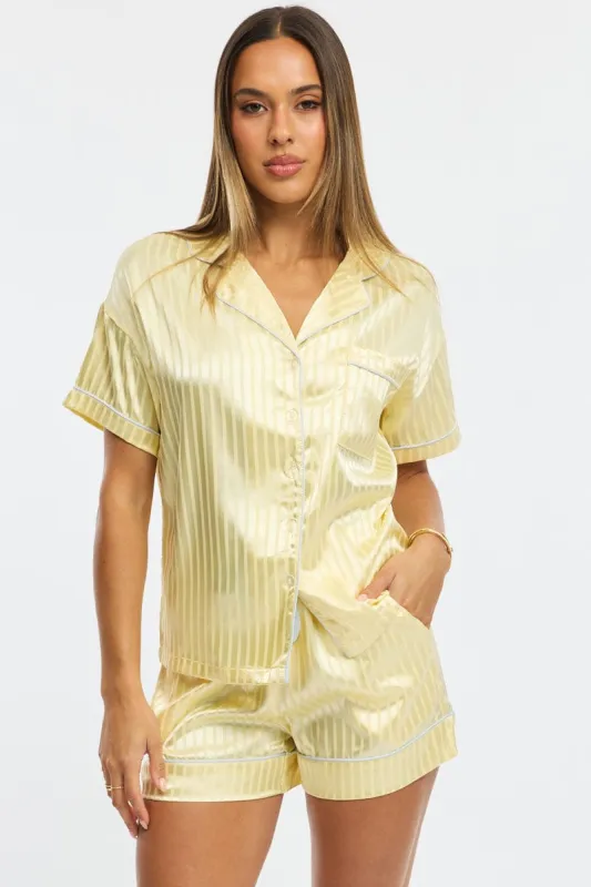 Yellow Pyjamas Set Short Sleeve Satin Jacquard sold by Ally Fashion