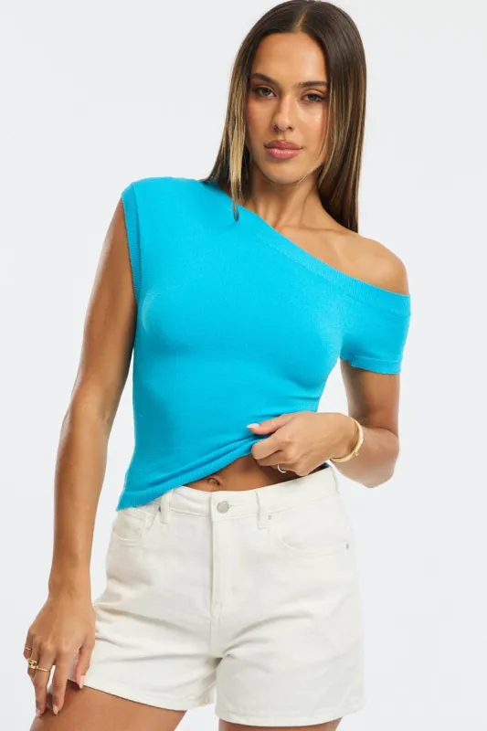 Blue Knit Top Off Shoulder sold by Ally Fashion
