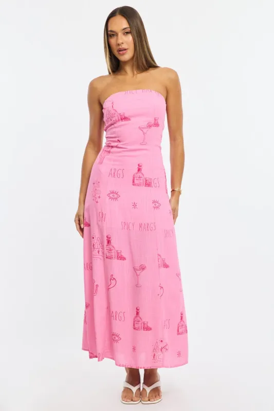 Pink Abstract Strapless Maxi Dress sold by Ally Fashion