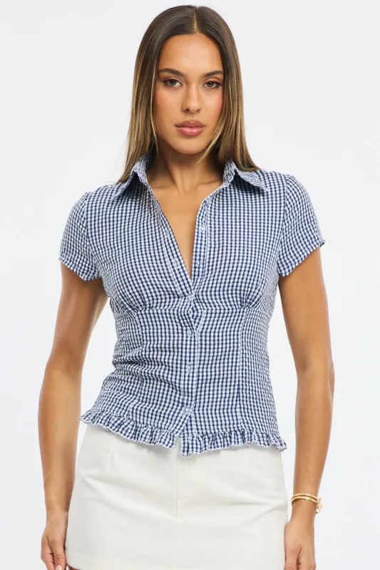 Blue Check Button Up Shirt Short Sleeve Collared Ruffled Hem sold by Ally Fashion