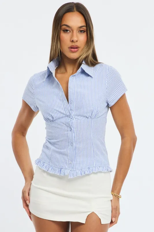 Blue Stripe Button Up Shirt Short Sleeve Collared Ruffled Hem sold by Ally Fashion